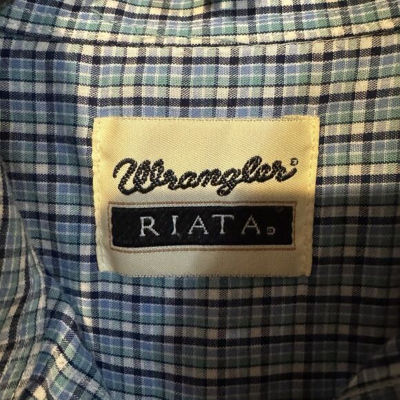 Wrangler Riata Western Shirt Medium Blue Plaid Shirt Sleeve Button Down Cowboy - Picture 3 of 9